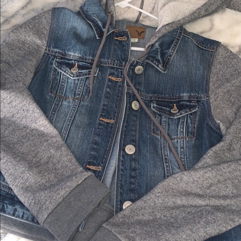 Jean Jackets with sweatshirt sleeves and hood
